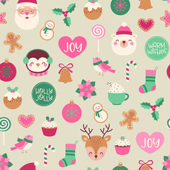 Poster - Cute character and christmas elements seamless pattern.