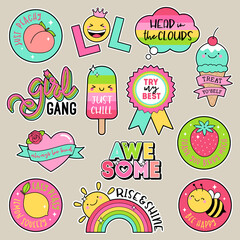 Wall Mural - Set of fashion patches, cute colorful badges, inspirational quotes, fun cartoon icons design vector.