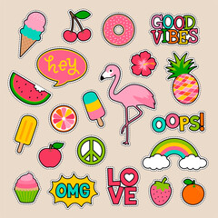 Set of fashion patches, fun stickers, cute badges vector in cartoon style.