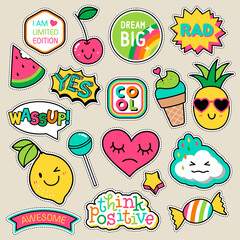 Wall Mural - Set of fashion patches, cute colorful badges, fun cartoon icons design vector.