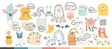 Monster Halloween Set With Inscriptions. Collection Of Cute Cartoon Characters In Simple Hand-drawn Scandinavian Style. Vector Childish Funny Doodle Illustration. Baby Posters, Cards, Prints Clothes.