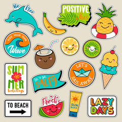 Wall Mural - Set of fashion patches, cute colorful badges, fun cartoon icons design in summer vacation concept.