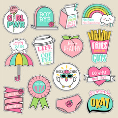 Wall Mural - Set of fashion patches, cute pastel badges, fun cartoon doodles in girl motivation concept.