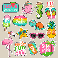 Set Of Girl Fashion Patches, Colorful Cute Cartoon Badges, Fun Stickers Design.
Summer Holidays Concept