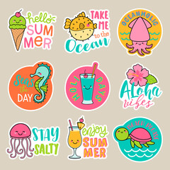 Wall Mural - Set of cute cartoon badges, colorful fun stickers design, summer holidays concept elements.