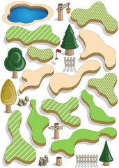 set of elements for a golf course. isolated over white background. vector illustration.