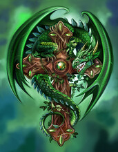Green Dragon Sitting On An Ancient Wooden Cross
