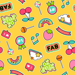 Wall Mural - Colorful cute girls fashion patches icons seamless pattern background.