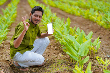 Poster - Indian farmer showing smartphone screen at green turmeric agriculture field.