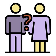 Sticker - Couple divorce question icon. Outline couple divorce question vector icon color flat isolated