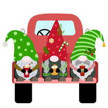 Holiday Christmas Gnomes With Coffee Cups And Cupcake On Red Truck. Vector Illustration. Isolated On White Background.
