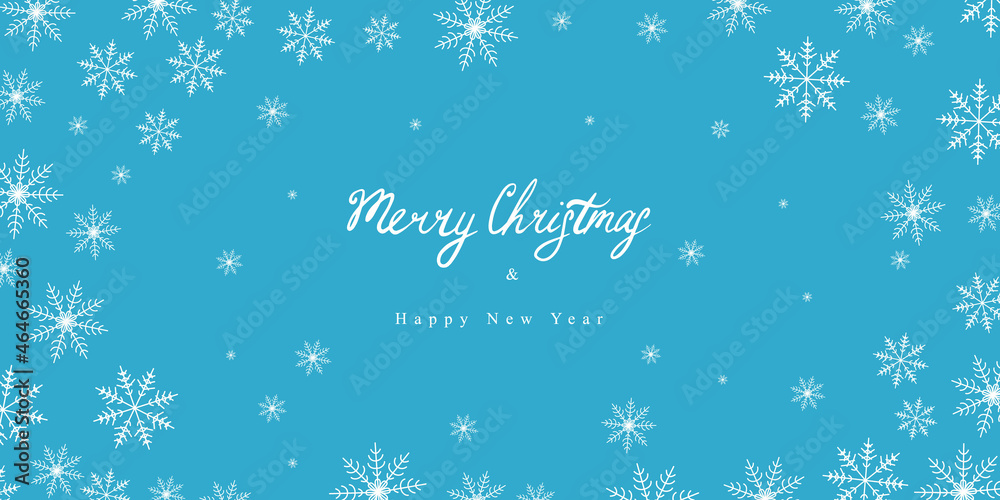 Christmas horizontal background with snowflakes on a blue layer. The inscription Merry Christmas. vector banner