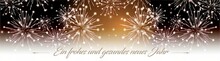 Feuerwerk-Banner Mit Weiß-braunen Hintergrund, Weissem Feuerwerk Und Schriftzug -Ein Frohes Und Gesundes Neues Jahr.