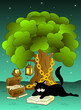 A black cat lies under a tree and reads a book. Russian tales. Lukomorye