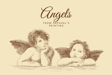 Two Little Angels From A Painting By Raphael Santi. Italian Renaissance. Vintage Brown And Beige Card, Hand-drawn, Vector. Old Design. Line Graphics. Child Portraits.