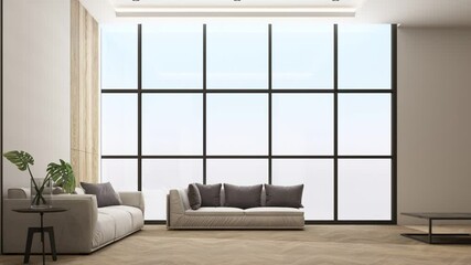 Poster - Interior design of modern luxury living room with white sofa and armchair set, grey wall decorate built-in, sunlight at the windows and wooden floor. 3d rendering animation