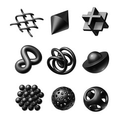 Wall Mural - 3d render. Collection of assorted geometric shapes. Set of different icons, signs and symbols. Black objects isolated on white background