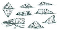 Set Of Vector Illustration Iceberg In Monochrome Sketch Engraved Style Isolated On White Background. Collection Big Ice Mountain In Water. Hand Drawn Vintage Design Element.