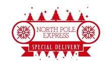 North Pole Express, Special Delivery -horizontal Stamp Design For Letters Or Gifts. Decorative Element With Christmas Ornament. Vector Illustration On White Background With Grunge Texture.
