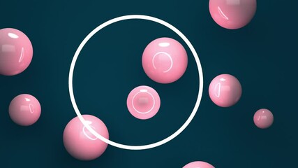Poster - Abstract blue background with round lamp frame and pink balls. Minimal modern seamless motion design. Abstract loop animation