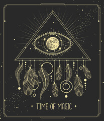 Wall Mural - Modern magic witchcraft card with dream Catcher and eye in triangle. Vector illustration