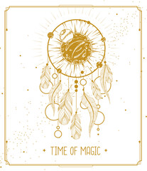 Wall Mural - Modern magic witchcraft card with dream Catcher. Vector illustration