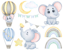 Baby Elephant And Hot Air Balloon, Childrens Watercolor Clip Art