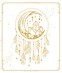 Canvas Print - Modern magic witchcraft card with dream Catcher, crescent and crystal. Vector illustration