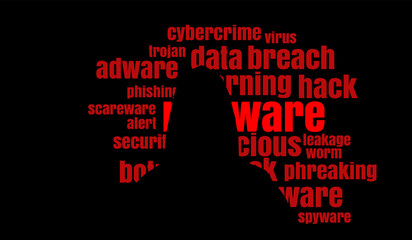 Canvas Print - Dark red silhouette of a hacker in a hoodie with malware tag cloud