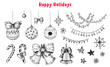 Christmas bells, lollipop stick, holiday garlands, Christmas balls toys, snowflakes. Hand drawn sketch. Vector illustration.