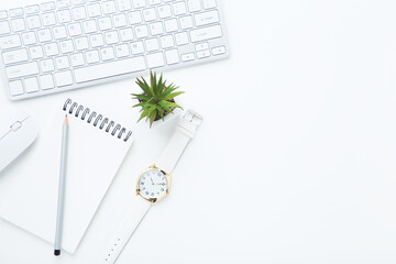 Poster - Computer keyboard with notepad, wrist watch and green plant on white background