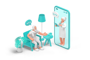 Doctor Consulting Patient Online by smartphone. Physician remotely meeting and diagnosing man sitting in armchair at home using mobile application. Medical Internet Consultation Concept 3D rendering.