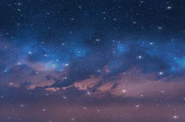 big bright starry  sky night blue  milky way universe aurora borealis on dramatic clouds blue green pink  lilac colorful cosmic background template 