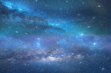 big bright starry  sky night blue  milky way universe aurora borealis on dramatic clouds blue green pink  lilac colorful cosmic background template 