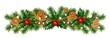Christmas border decorations garland with fir branches and gingerbread cookies, holly berries, golden snowflakes and beads. Design element for Xmas or New Year on white background.