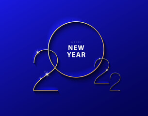 Happy new year 2022. Elegant gold shiny numbers design isolated on white text. Blue background. Brightness of the stars. Futuristic, 2022 new logo. Elements for calendar and greeting cards, template