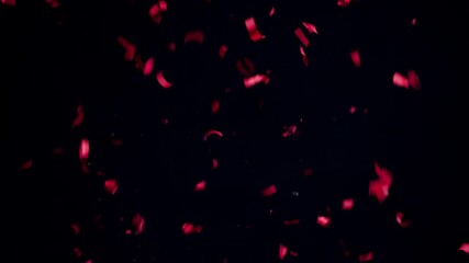 Confetti firecracker on black background. Red party popper explosion close-up. New year and christmas time or birthday. Holidays and celebration concept.