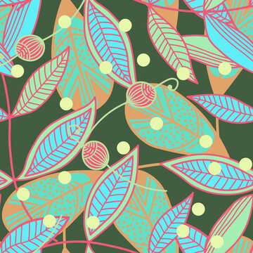 Seamless floral pattern in ethnic style. Abstract multi colored leaves on trendy  background. Vector illustration
