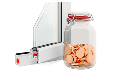 Poster - plastic window profile with glass jar full of golden coins, 3d rendering