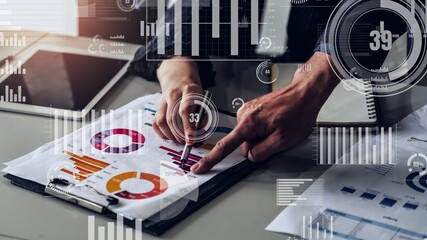 Poster - conceptual business dashboard for financial data analysis . 3d render computer graphic .