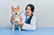 © Krakenimages.com - Beautiful hispanic veterinarian woman checking dog health winking looking at the camera with sexy expression, cheerful and happy face.
