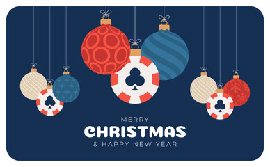 poker Christmas card. Merry Christmas sport greeting card. Hang on a thread poker chip as a xmas ball and golden bauble on black background. Sport Vector illustration.