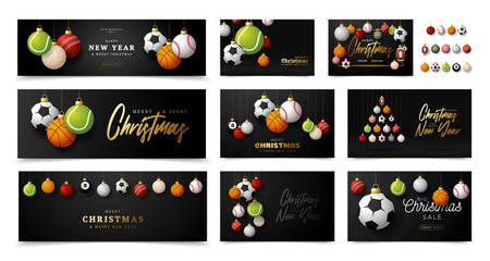 Canvas Print - Sport Christmas and Happy New Year luxury banner set. Collection of Christmas greeting card with sport ball as a xmas ball on black background. Vector illustration set