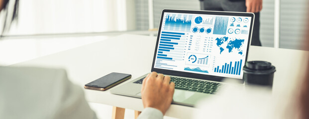 Poster - businesswoman in business meeting using laptop computer proficiently at office for marketing data an