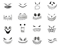 Vector Set Of Black White Scary Faces For Halloween Pumpkin