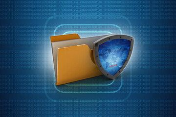 Poster - laptop folder with shield. Isolated 3d rendering image