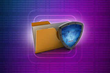 Poster - laptop folder with shield. Isolated 3d rendering image