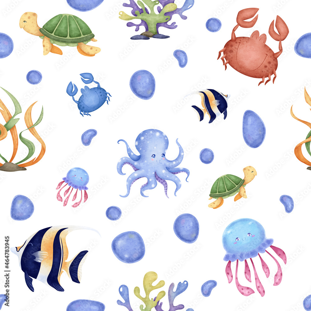Seamless pattern with marine life: octopus, fish, jellyfish, crab ...