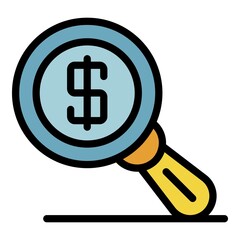 Poster - Money under magnifier icon. Outline money under magnifier vector icon color flat isolated