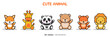 kids themed illustration with cute animal characters - giraffe, panda, bear, tiger, lion, and fox animal sitting with a happy expression and smiling.